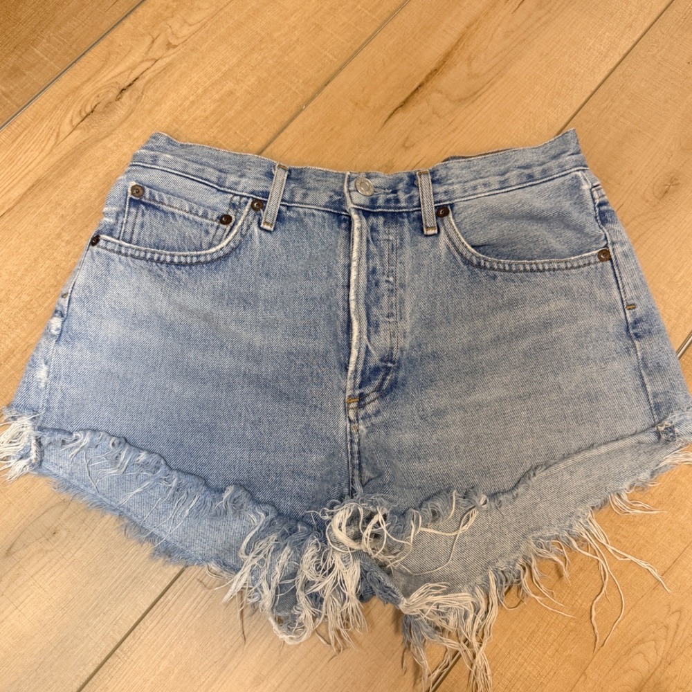 AGOLDE Parker Shorts Women 26 Light Blue Indigo High Rise Frayed Raw Hem Denim